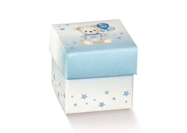 Boite a dragees cube ourson et ballon bleu
