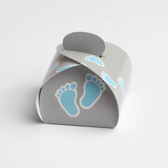 Boite a dragees bleu et gris petits pieds