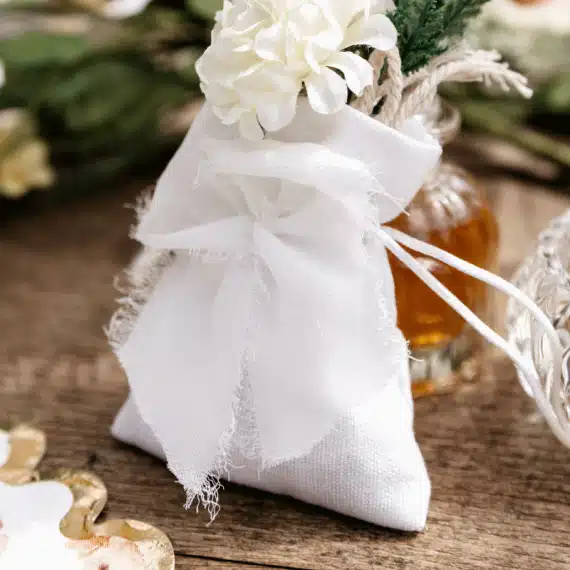 Sac à dragées - Pochon Coton Blanc et Noeud Mousseline - Lot de 4