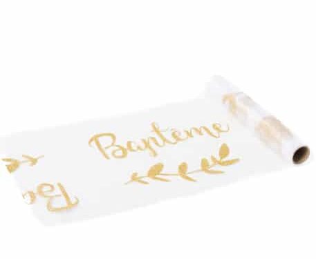 chemin de table Déco baptême blanc et or