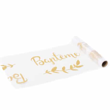 chemin de table Déco baptême blanc et or