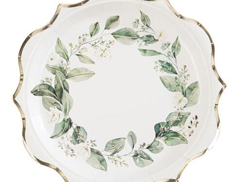 assiette botanique feuillage vert et or