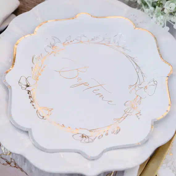 Assiette baptême blanc et or creme et or