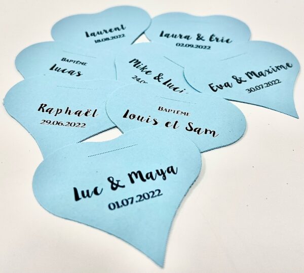 Etiquette à dragées cœur bleu ciel