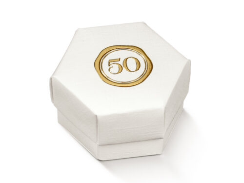 Contenant à dragées hexagone"50" - Blanc et Or