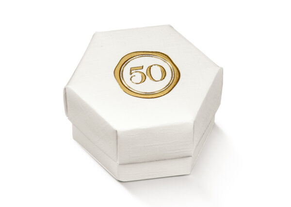 Contenant à dragées hexagone"50" - Blanc et Or