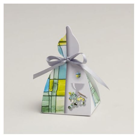 Boite à dragées Bougie - Gris / Vert Motif Vitrail