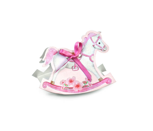 Boite a dragees forme cheval à bascule rose