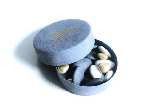 Boite a dragees ronde bleu effet velours Boite a dragees ronde bleu effet velours