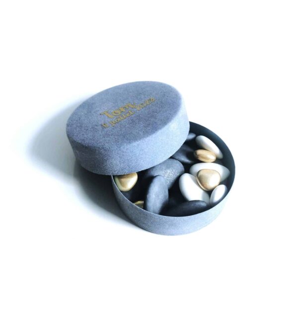 Boite a dragees ronde bleu effet velours