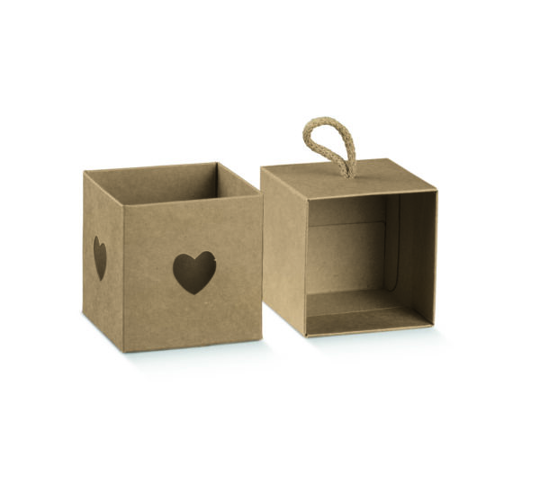 Contenant Dragées Kraft - Cube coeur - Cordelette - Lot de 10