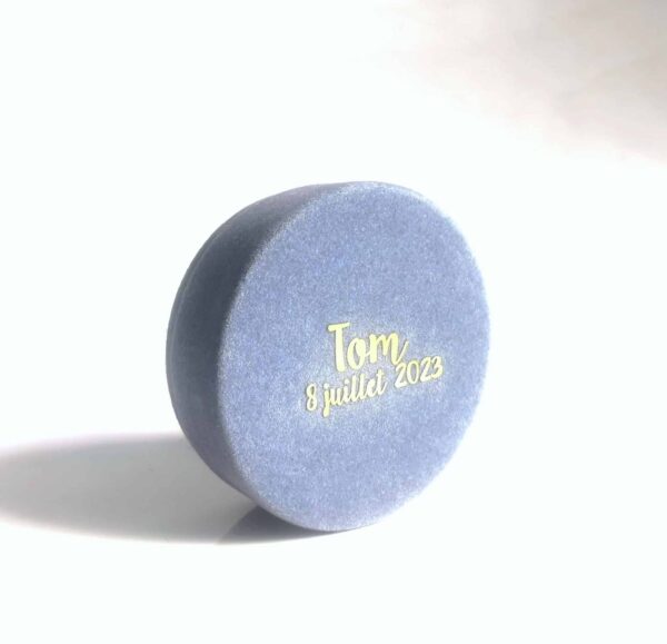 Boite a dragees ronde bleu effet velours