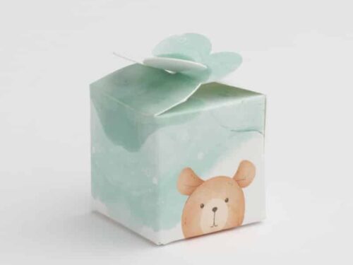 Boite dragées ourson vert d'eau et taupe - candy fleur