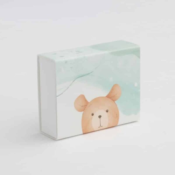 Boite dragées ourson vert d'eau et taupe - fourreaux