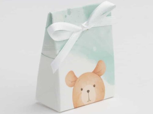 Boite dragées ourson vert d'eau et taupe - mini pochon