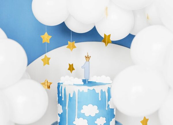 Bougie gateau anniversaire 1 an beleu ciel et or avec couronne