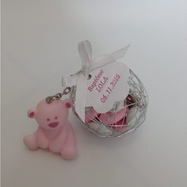 Porte clés Ourson - Rose - Dragées baptême original