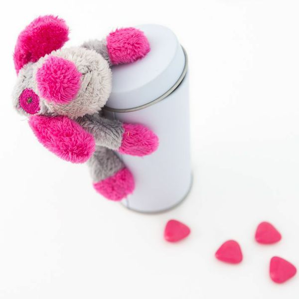 Peluche chien aimanté fuchsia/gris