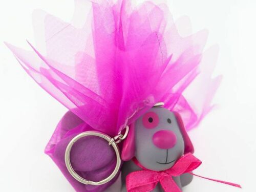 Porte clés Bill le chien dragées baptême - Gris et fuchsia