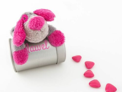 Peluche chien aimanté fuchsia/gris