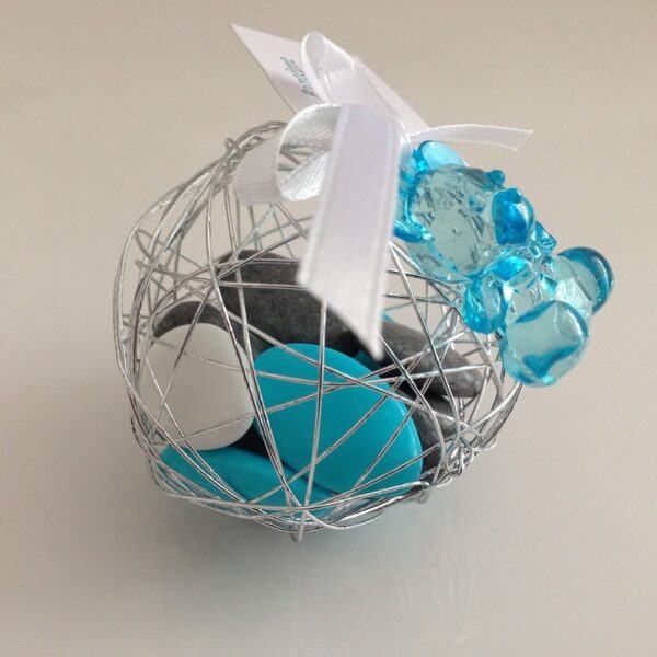 Boule métallique à dragées avec pendentif ourson turquoise