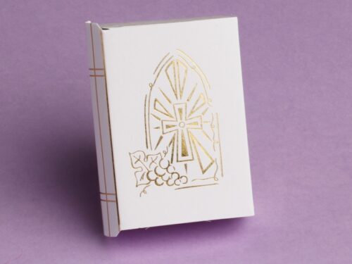 Boite à dragées communion en forme de missel avec motif vitrail or