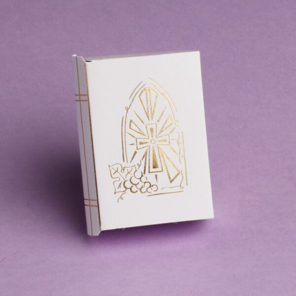 Boite à dragées communion en forme de missel avec motif vitrail or