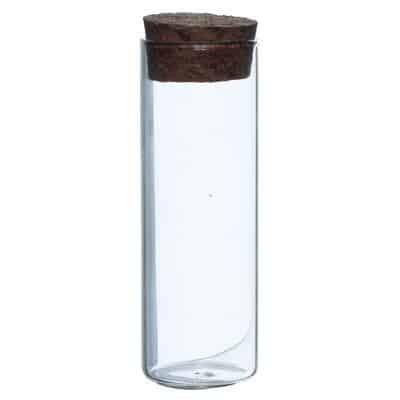 Eprouvette à dragées en verre, hauteur 7 cm, diamètre 2,4 cm, avec bouchon en liege