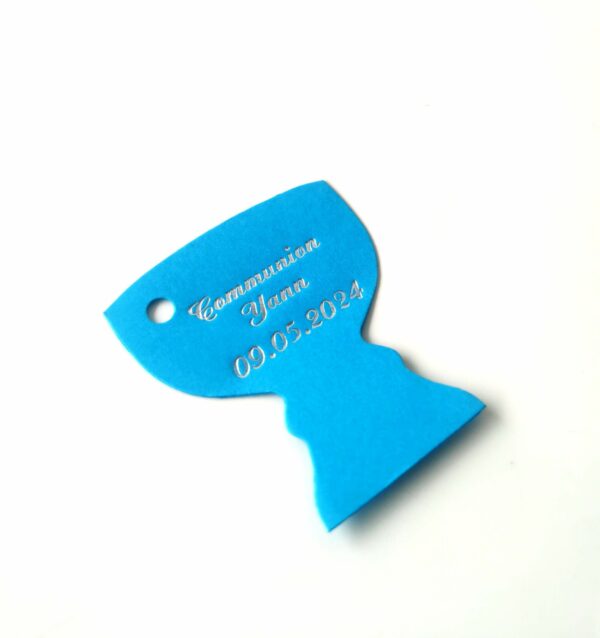 Etiquette dragees communion turquoise calice