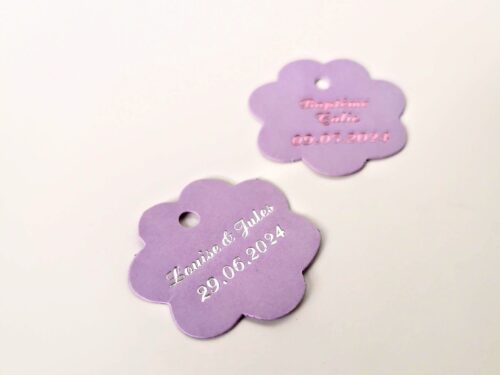 Etiquette dragées fleur parme