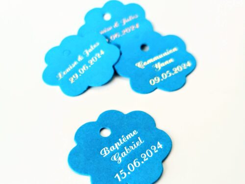 Etiquette dragées fleur turquoise