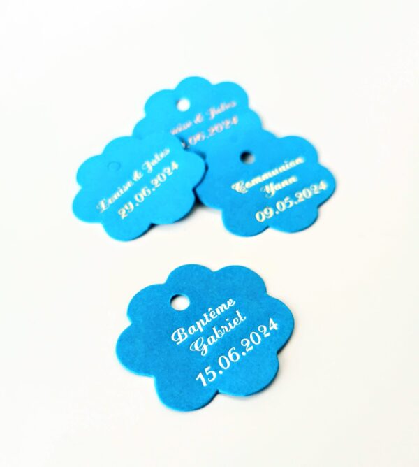 Etiquette dragées fleur turquoise