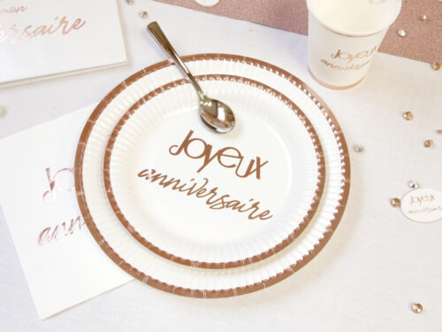 Assiette joyeux anniversaire rose gold