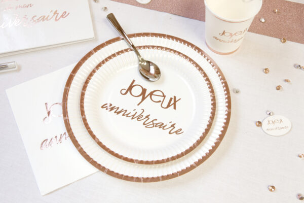 Assiette joyeux anniversaire rose gold