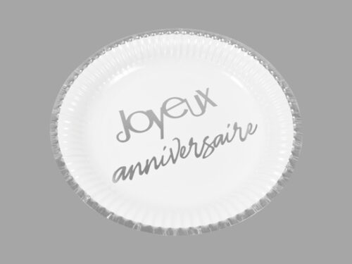 assiette Joyeux Anniveraise blanc et argent