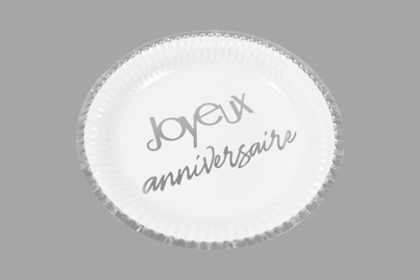 assiette Joyeux Anniveraise blanc et argent