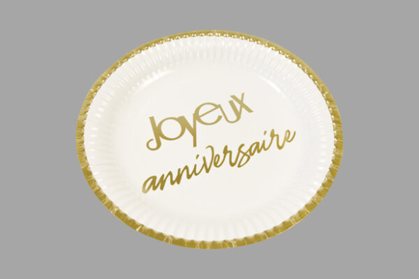 assiette Joyeux Anniveraise blanc et or