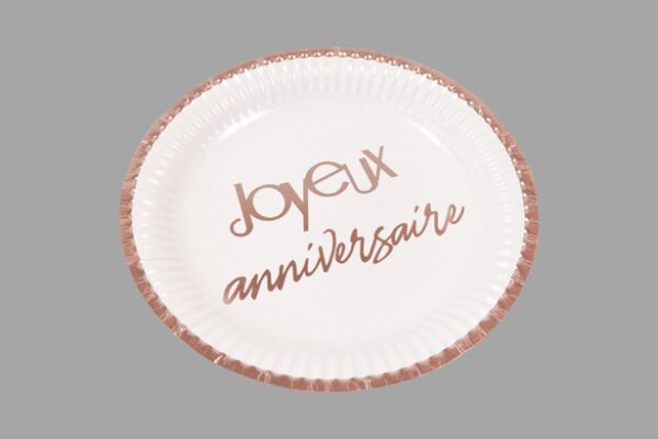 Assiette joyeux anniversaire rose gold