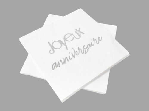 Serviette Joyeux Anniversaire Blanc et ARgent