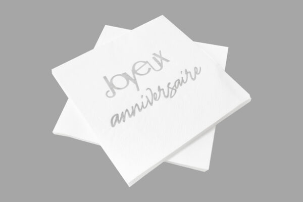 Serviette Joyeux Anniversaire Blanc et ARgent
