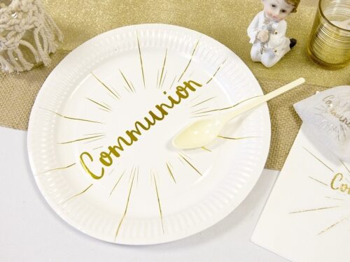 Assiette blanc et or deco communion
