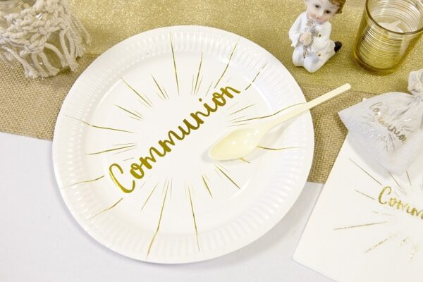 Assiette blanc et or deco communion