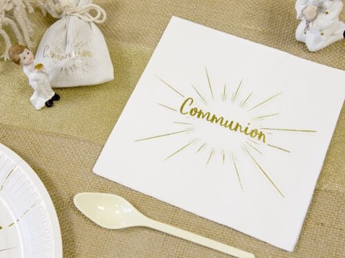 Serviette communion deco blanc et or