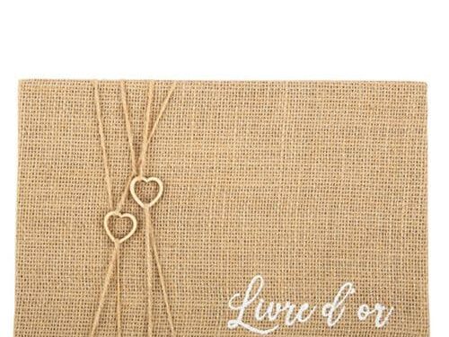 Livre d'or toile de jute et coeur en bois