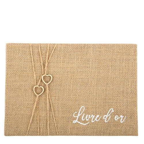 Livre d'or toile de jute et coeur en bois