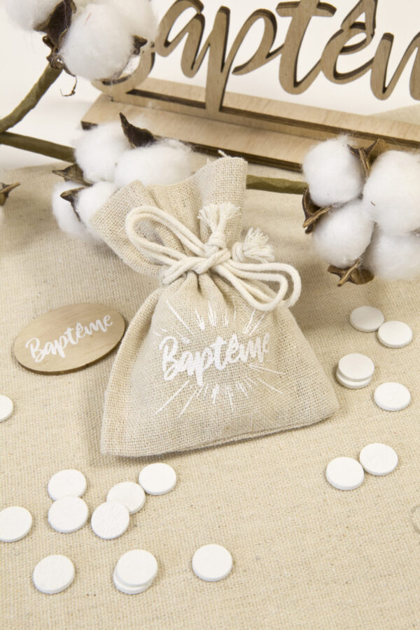 sac à dragées baptême blanc en lin