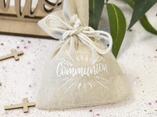sac a dragées communion blanc lin