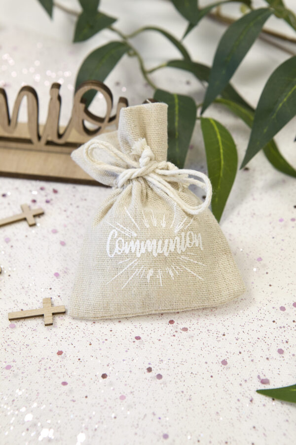 sac a dragées communion blanc lin