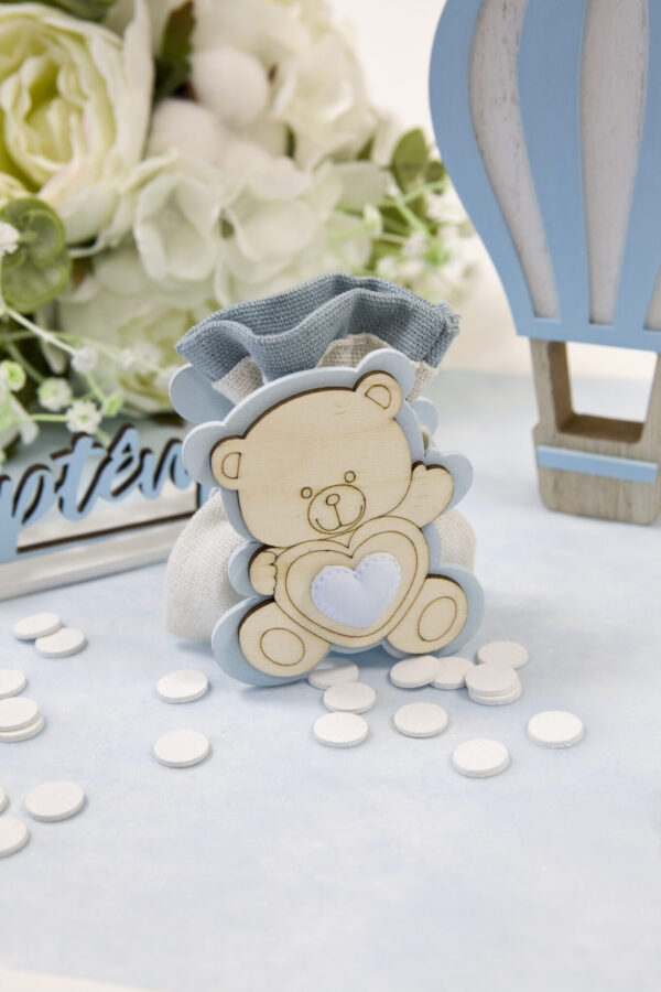 Contenant dragées baptême - Ourson en bois - Bleu
