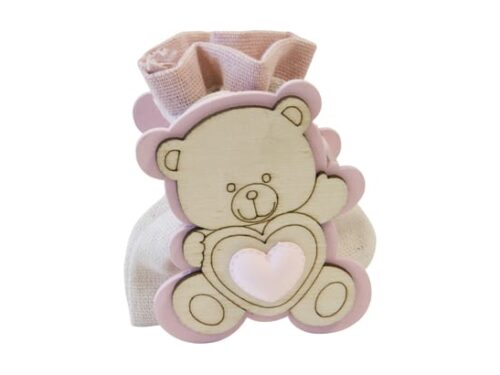 Contenant dragées baptême - Ourson en bois - Rose